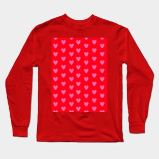 Pink Hearts, Polka Dots, Pattern on Red Long Sleeve T-Shirt